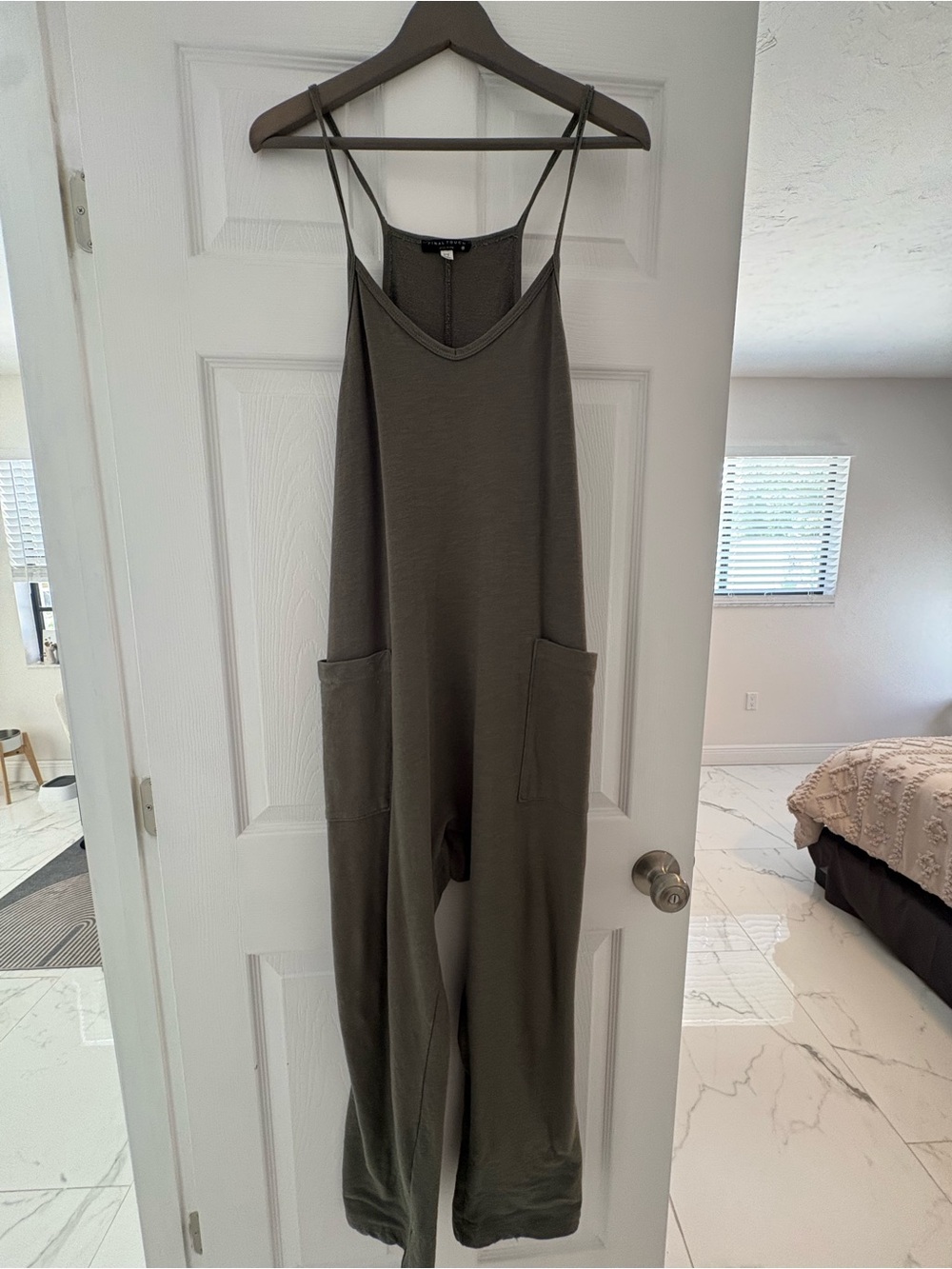 Final Touch Olive Green Strap Wide-Leg Jumpsuit with Pockets
